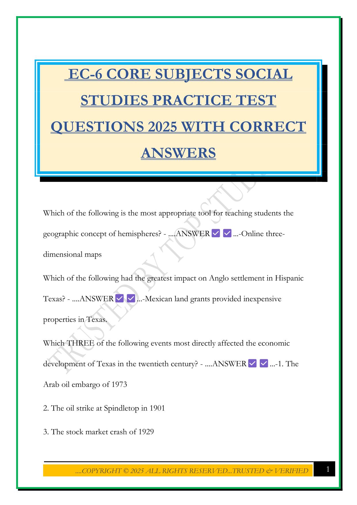 EC-6 CORE SUBJECTS SOCIAL STUDIES PRACTICE TEST QUESTIONS 2025 WITH CORRECT ANSWERS