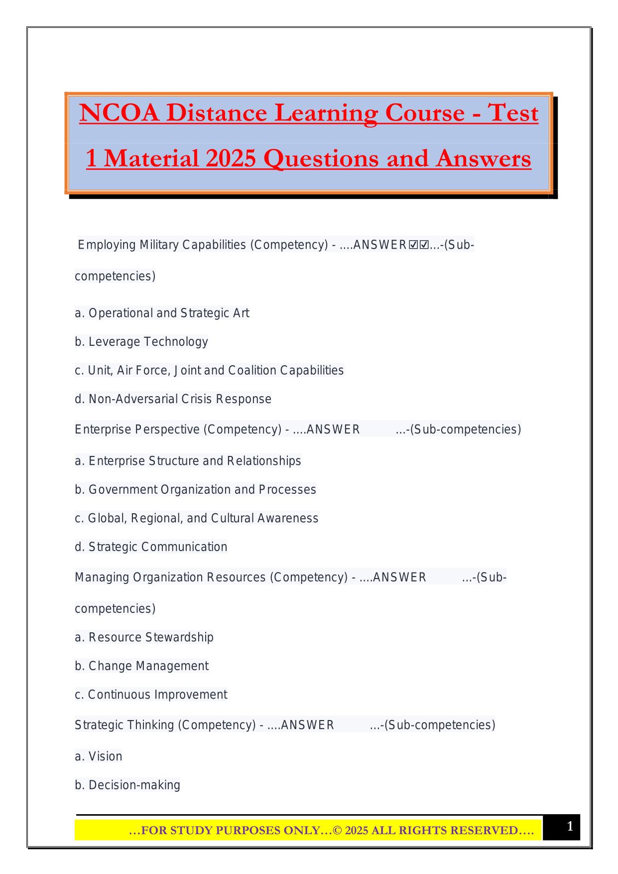 NCOA Distance Learning Course - Test 1 Material 2025 Questions and Answers