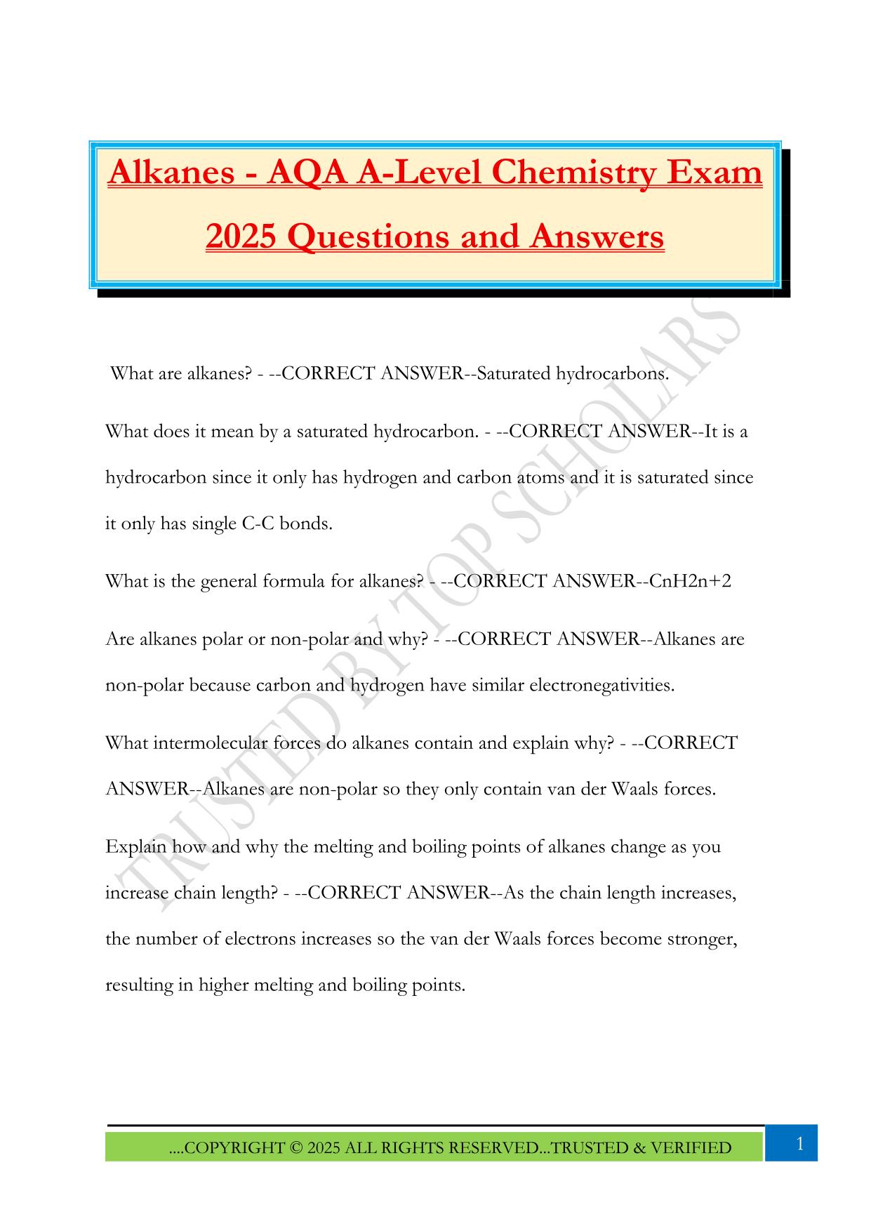 Alkanes - AQA A-Level Chemistry Exam 2025 Questions and Answers