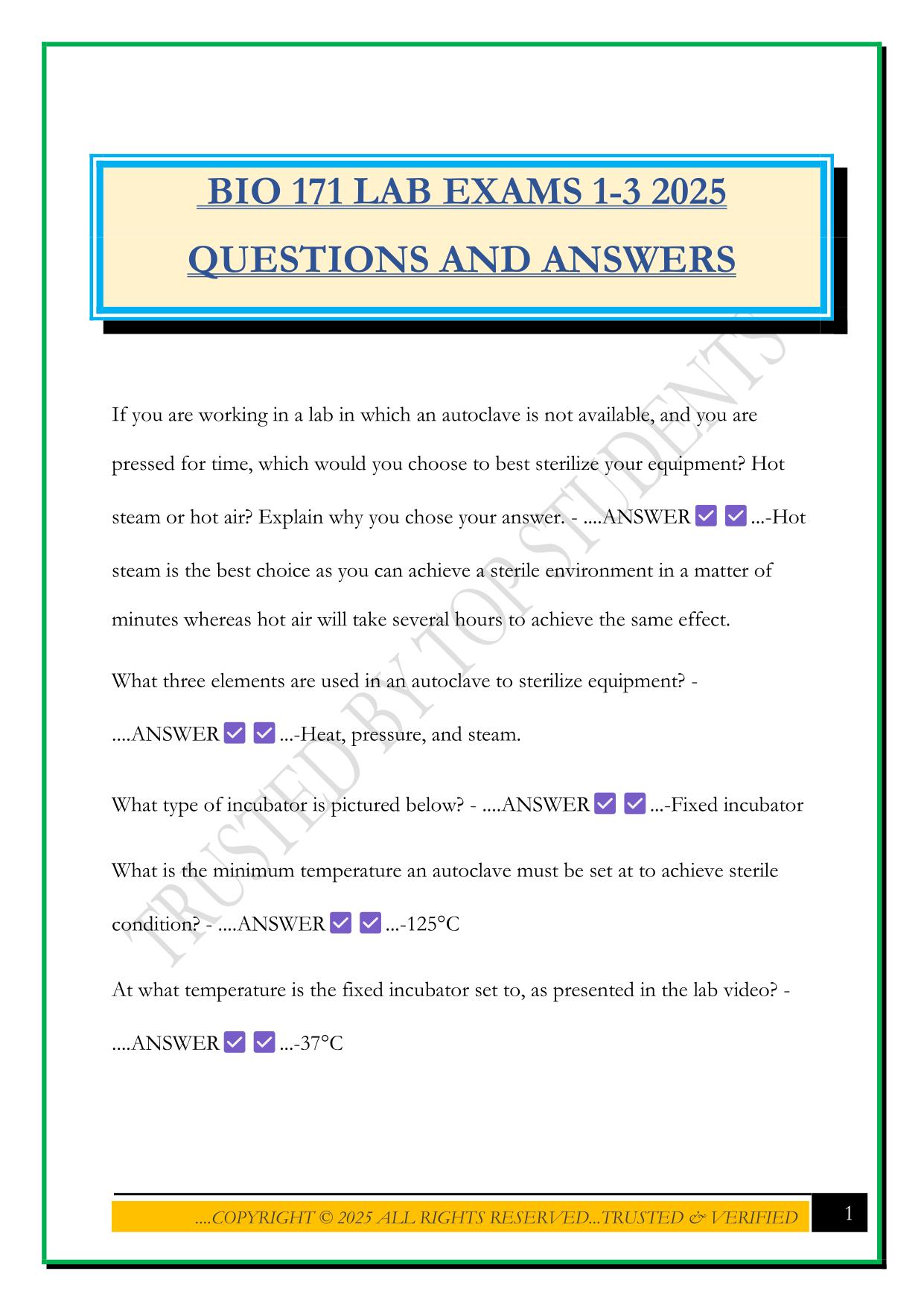 BIO 171 LAB EXAMS 1-3 2025 QUESTIONS AND ANSWERS