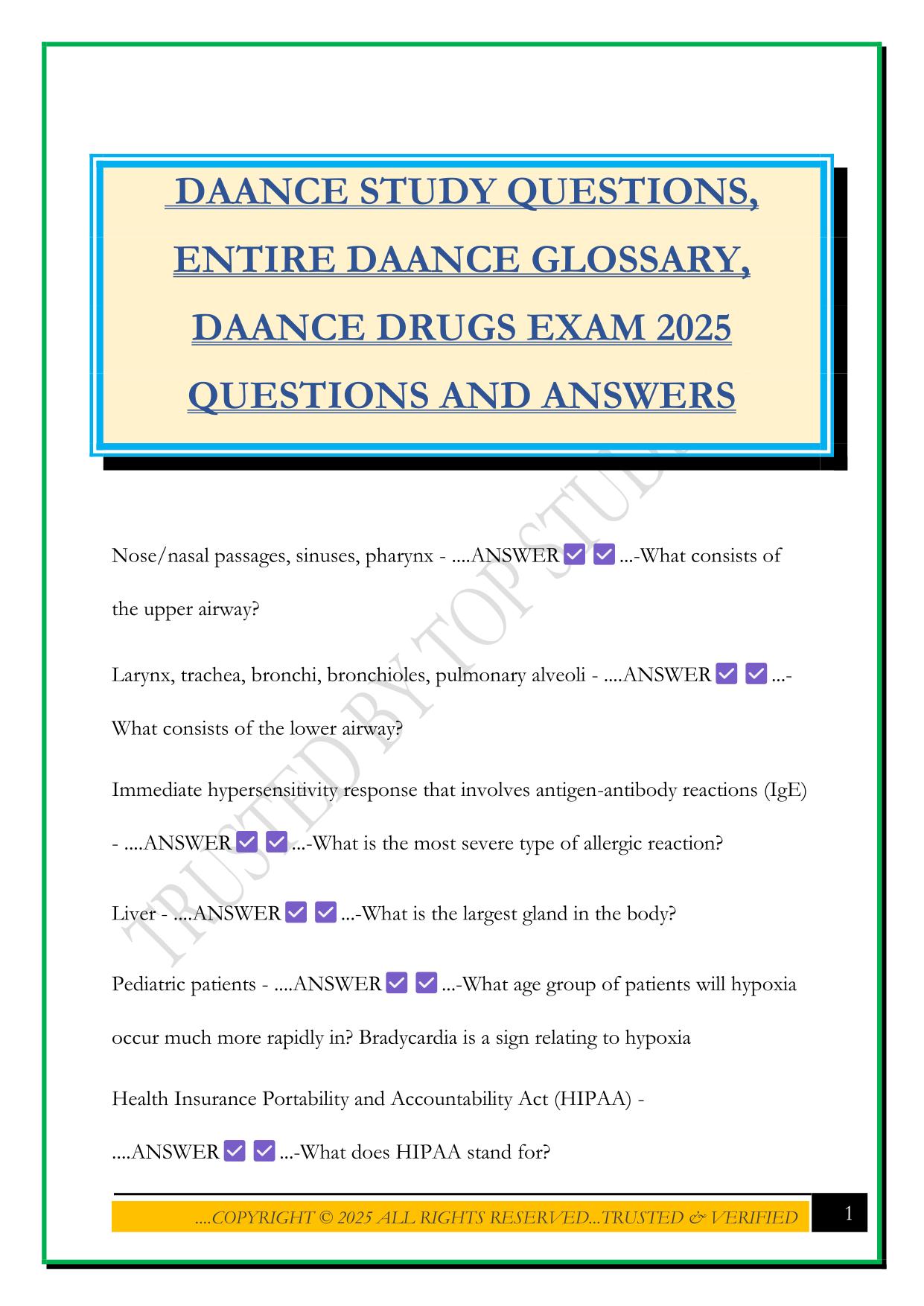 DAANCE STUDY QUESTIONS, ENTIRE DAANCE GLOSSARY, DAANCE DRUGS EXAM 2025 QUESTIONS AND ANSWERS