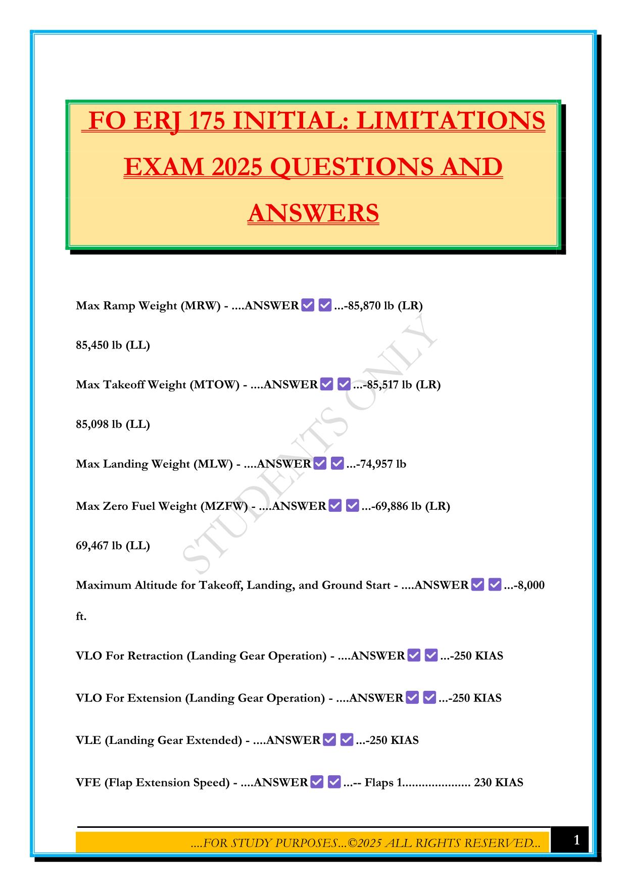 FO ERJ 175 INITIAL: LIMITATIONS EXAM 2025 QUESTIONS AND ANSWERS