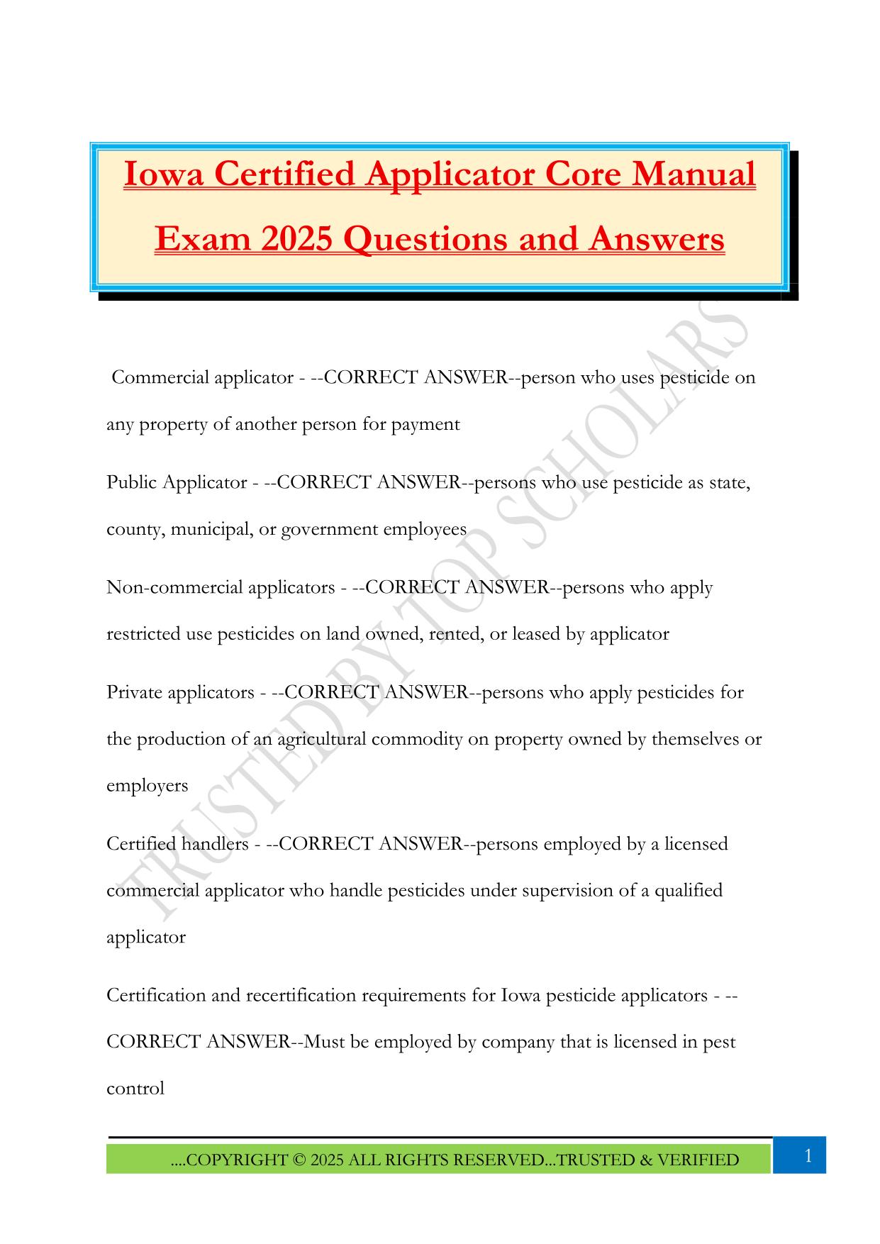 Iowa Certified Applicator Core Manual Exam 2025 Questions and Answers