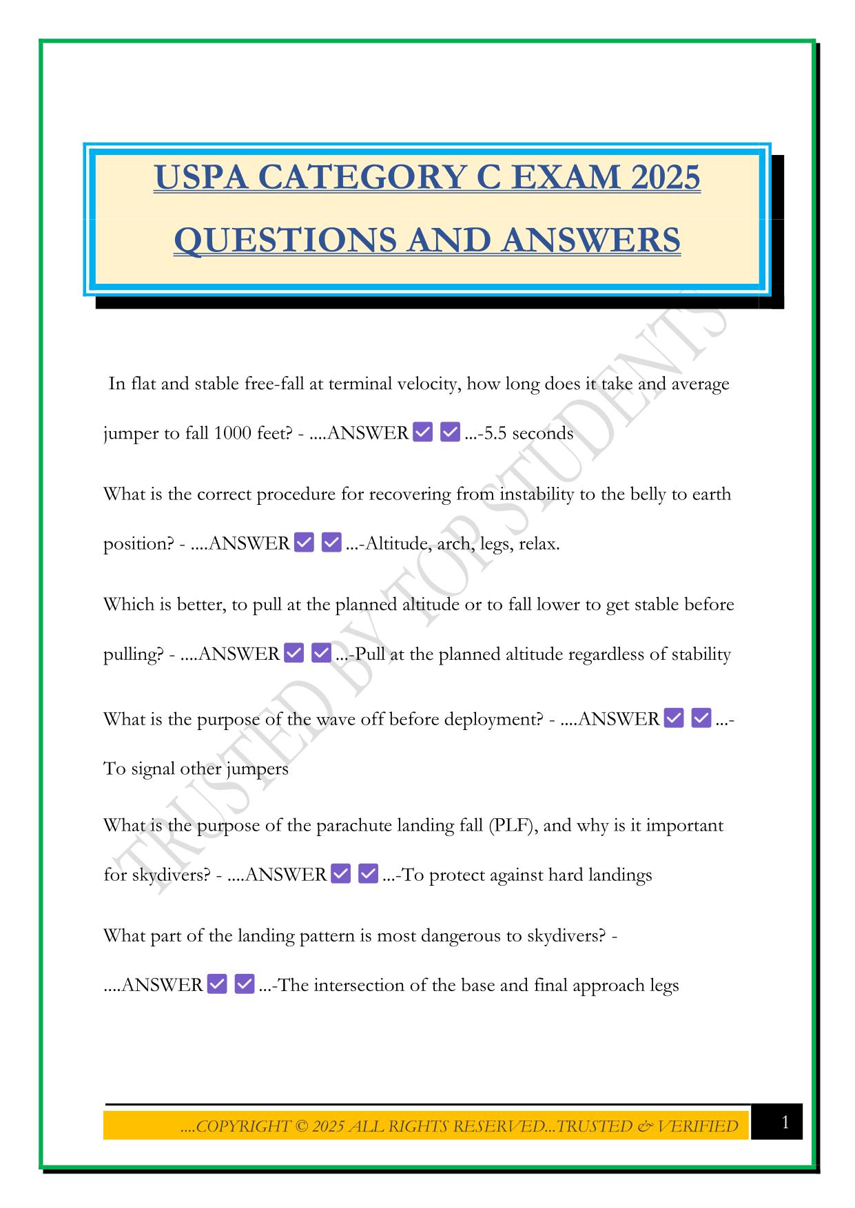 USPA CATEGORY C EXAM 2025 QUESTIONS AND ANSWERS