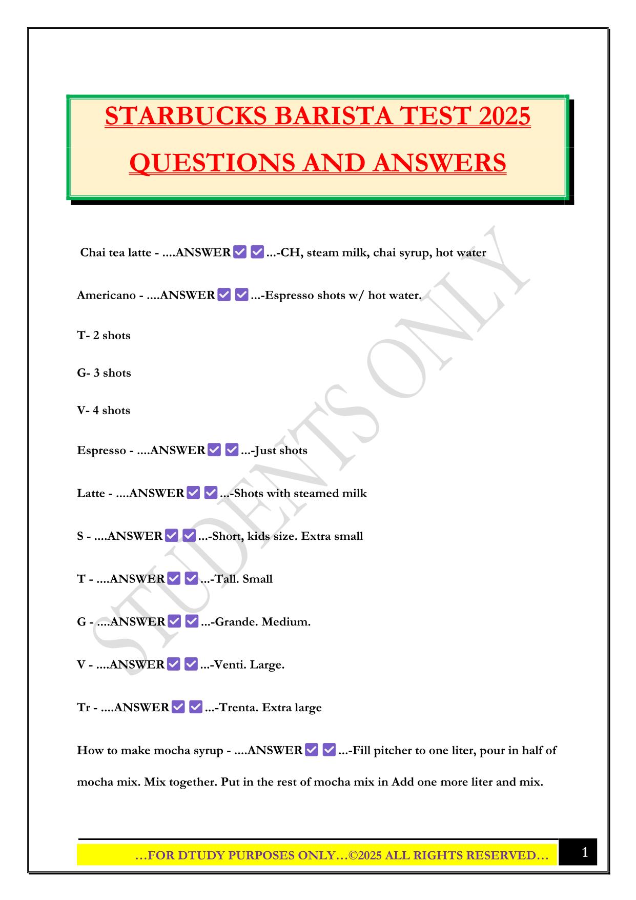 STARBUCKS BARISTA TEST 2025 QUESTIONS AND ANSWERS
