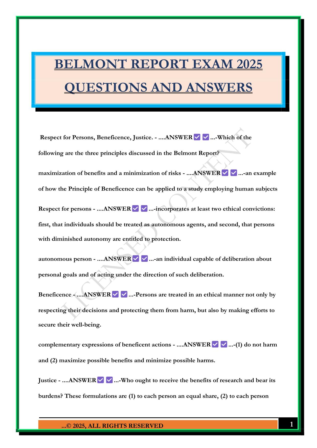 BELMONT REPORT EXAM 2025 QUESTIONS AND ANSWERS