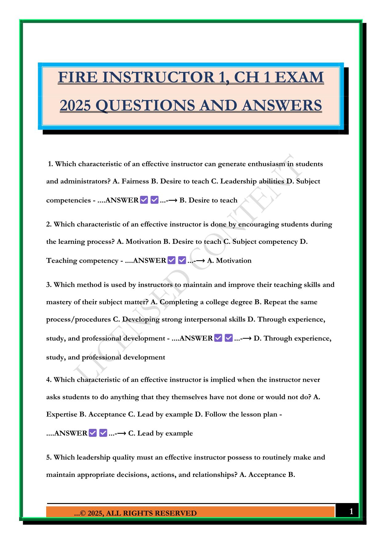 FIRE INSTRUCTOR 1, CH 1 EXAM 2025 QUESTIONS AND ANSWERS