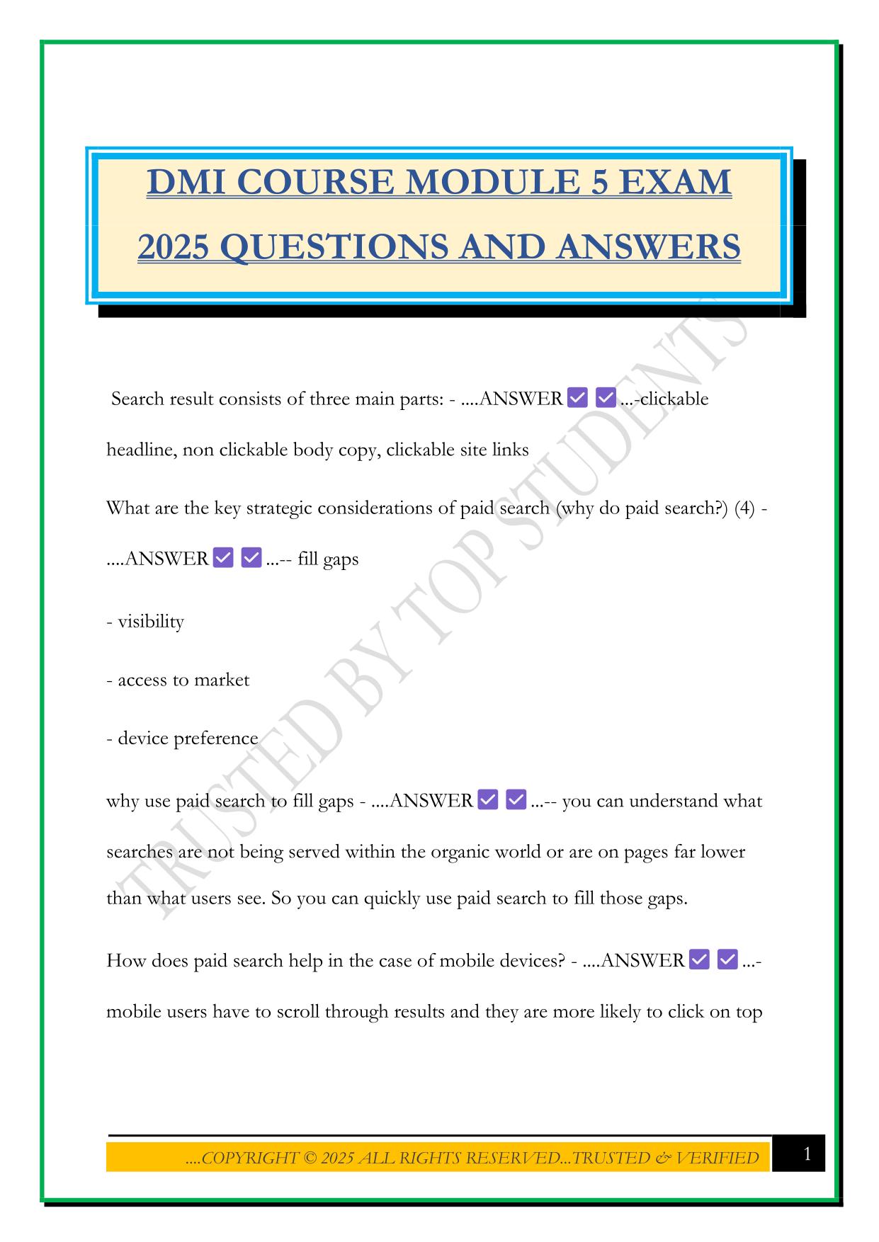 DMI COURSE MODULE 5 EXAM 2025 QUESTIONS AND ANSWERS