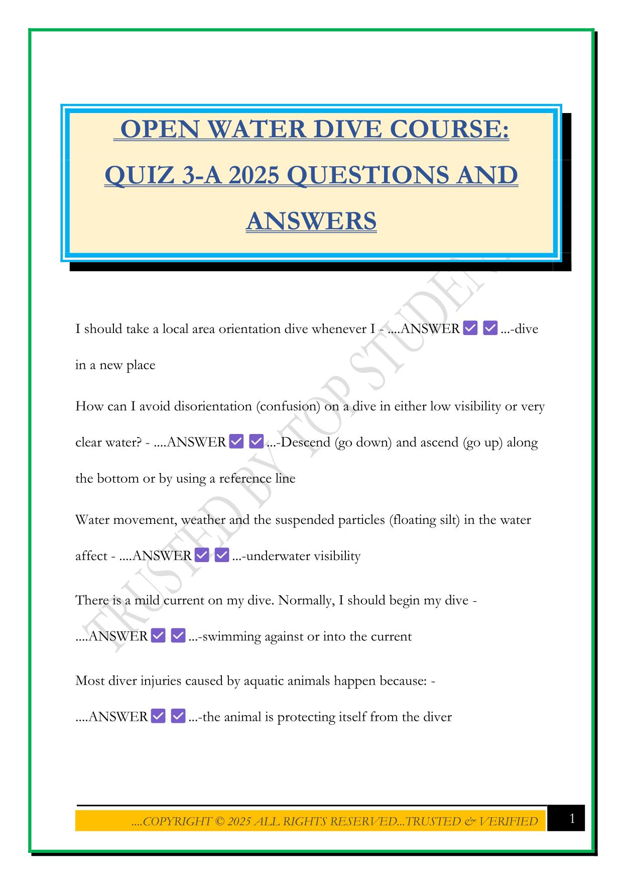 OPEN WATER DIVE COURSE: QUIZ 3-A 2025 QUESTIONS AND ANSWERS