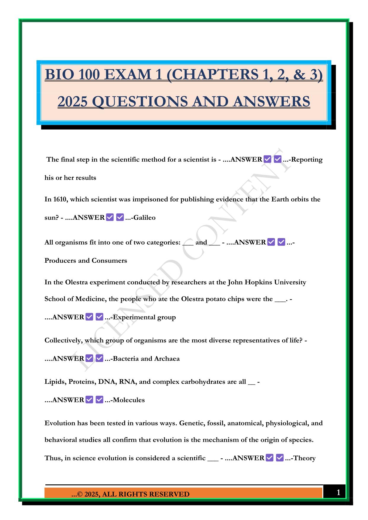 BIO 100 EXAM 1 (CHAPTERS 1, 2, & 3) 2025 QUESTIONS AND ANSWERS