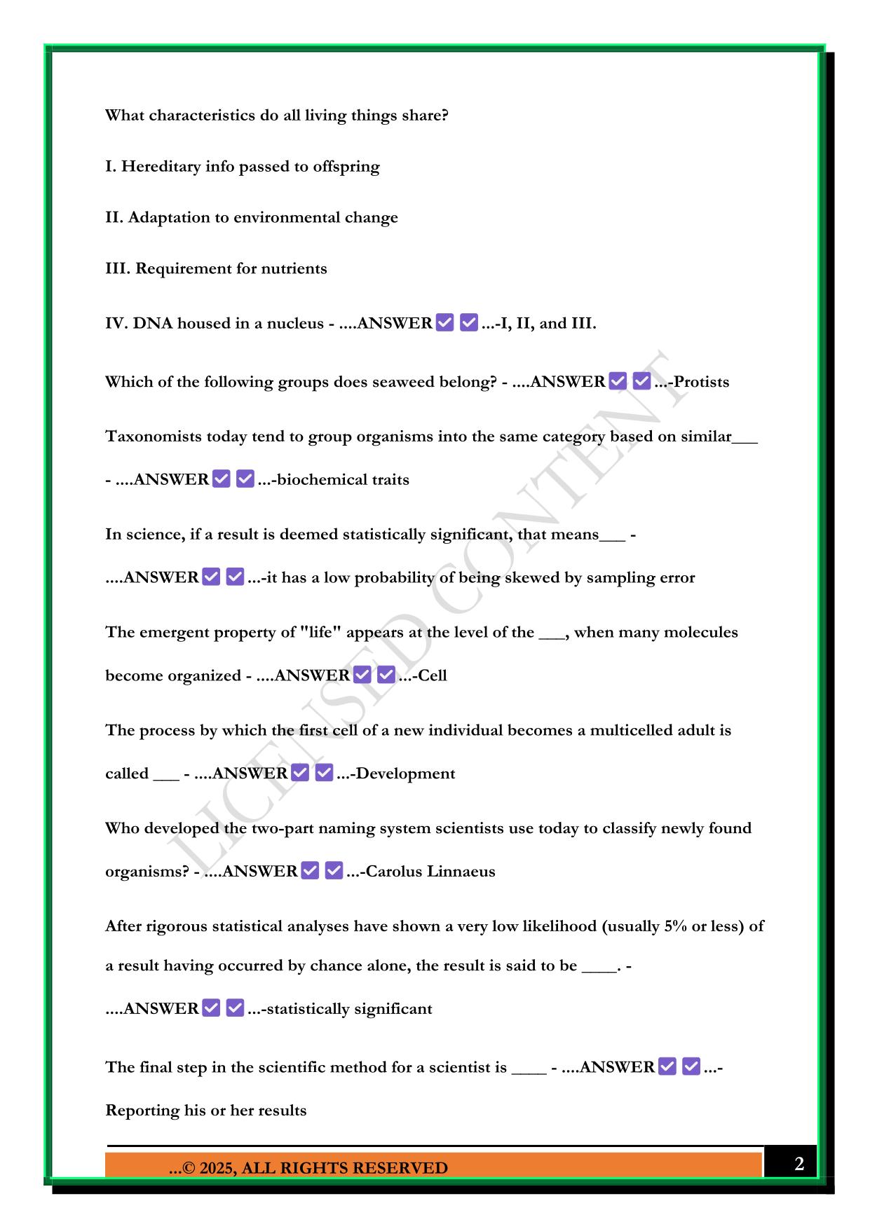 BIO 100 EXAM 1 (CHAPTERS 1, 2, & 3) 2025 QUESTIONS AND ANSWERS