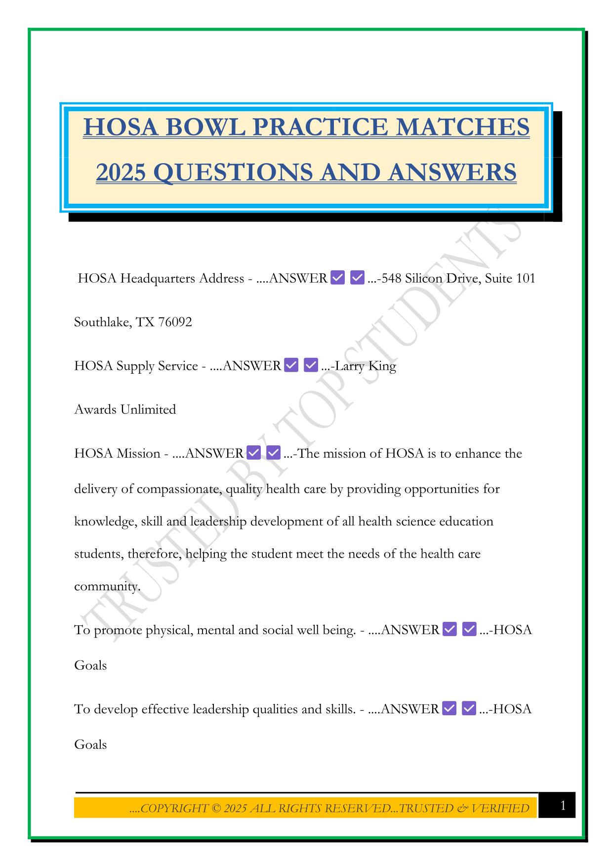 HOSA BOWL PRACTICE MATCHES 2025 QUESTIONS AND ANSWERS