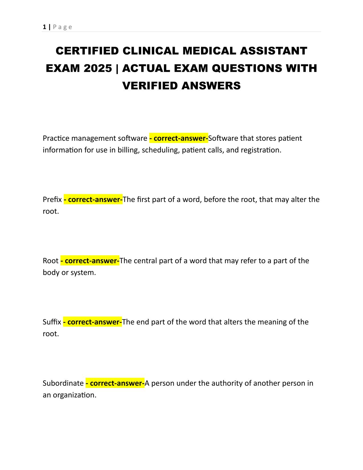 CERTIFIED CLINICAL MEDICAL ASSISTANT EXAM 2025 | ACTUAL EXAM QUESTIONS WITH VERIFIED ANSWERS