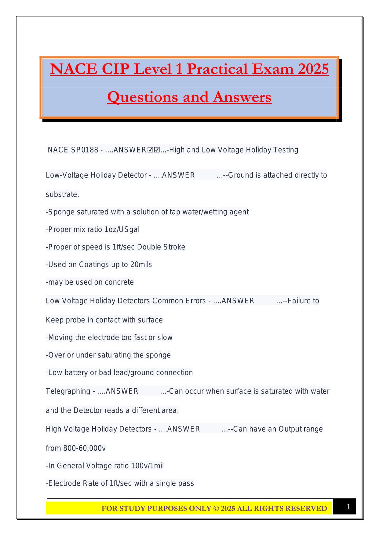 NACE CIP Level 1 Practical Exam 2025 Questions and Answers