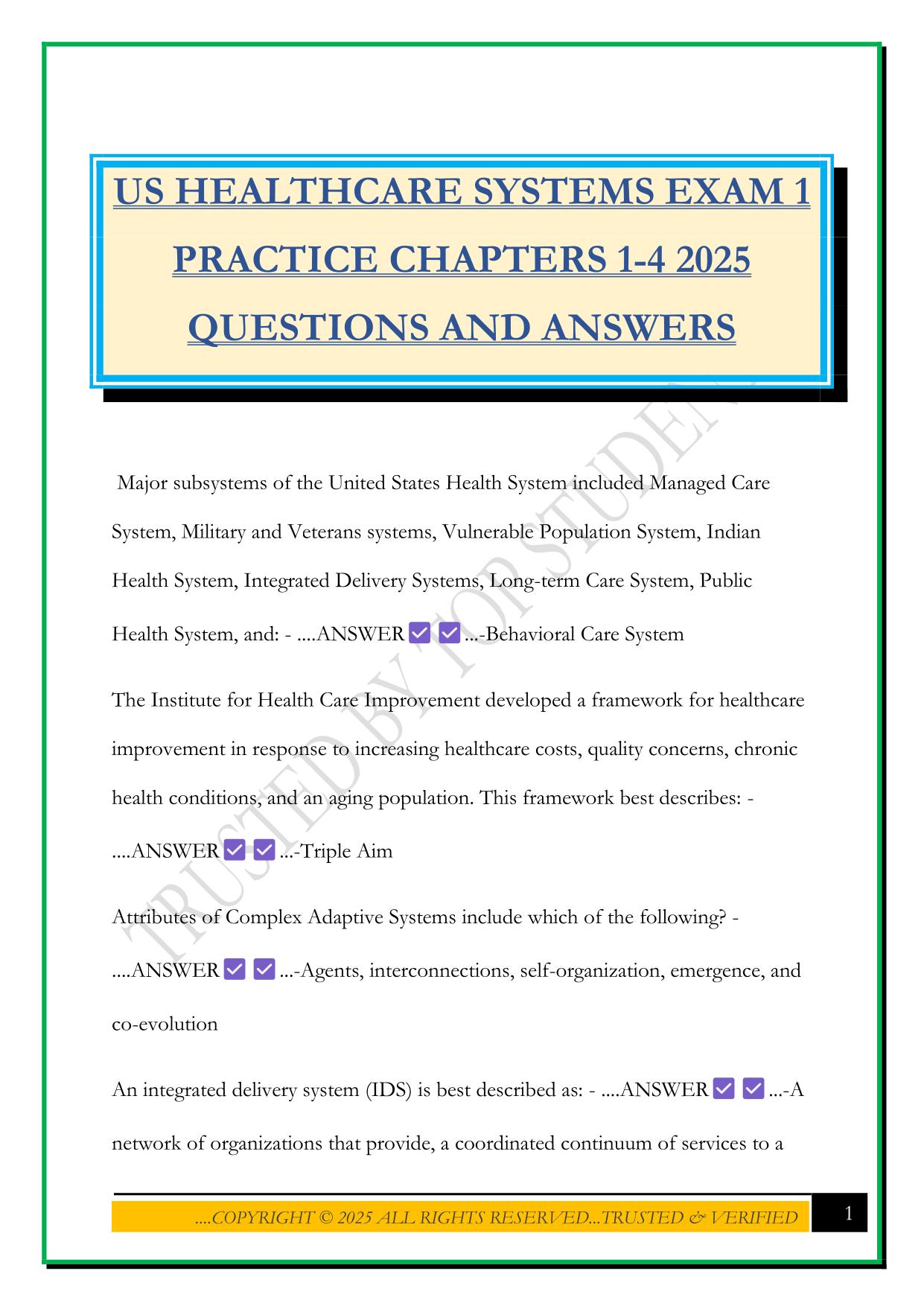 US HEALTHCARE SYSTEMS EXAM 1 PRACTICE CHAPTERS 1-4 2025 QUESTIONS AND ANSWERS