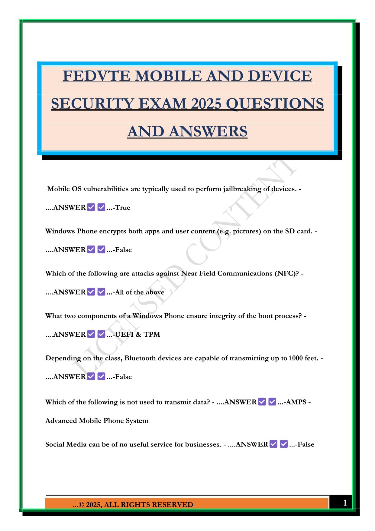 FEDVTE MOBILE AND DEVICE SECURITY EXAM 2025 QUESTIONS AND ANSWERS