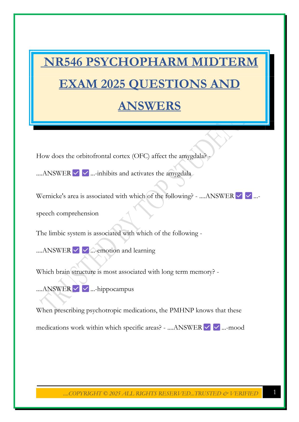 NR546 PSYCHOPHARM MIDTERM EXAM 2025 QUESTIONS AND ANSWERS