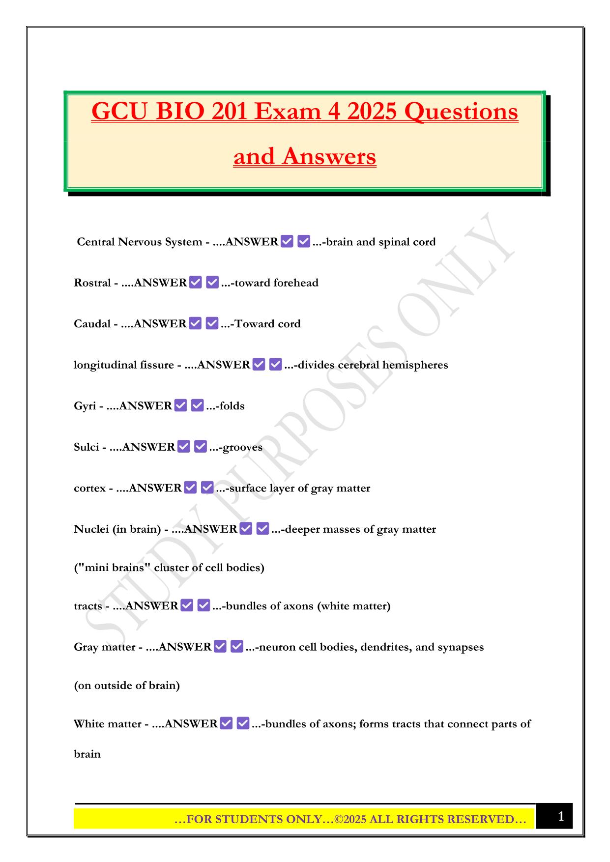 GCU BIO 201 Exam 4 2025 Questions and Answers