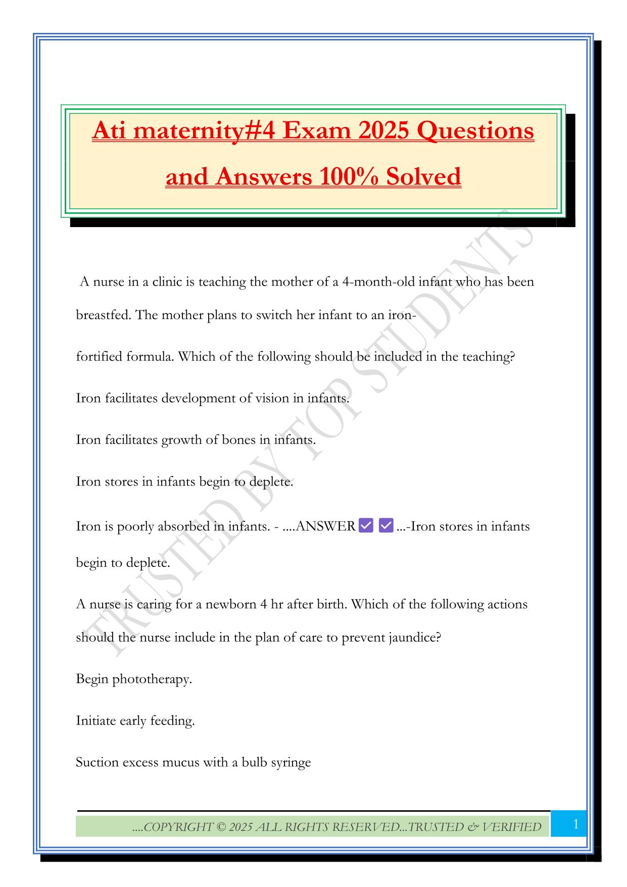 Ati maternity#4 Exam 2025 Questions and Answers 100% Solved