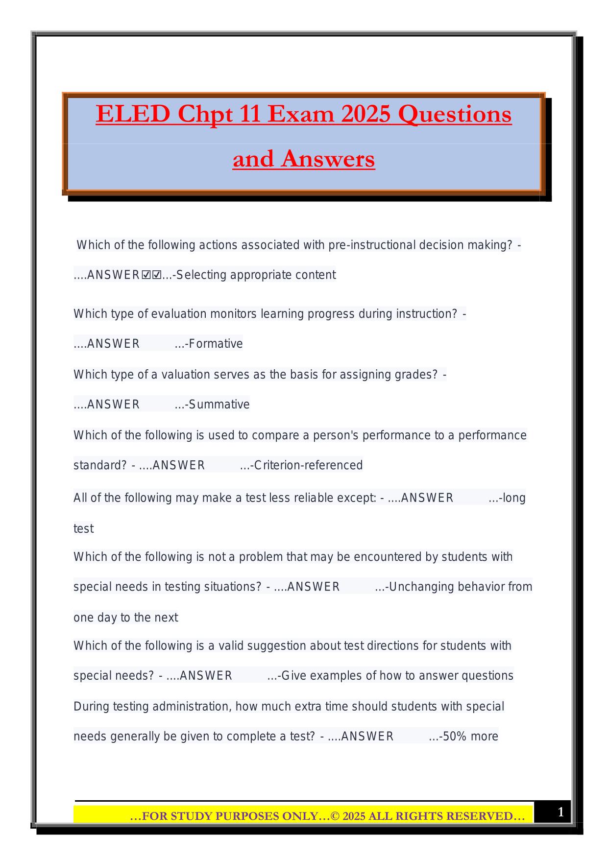 ELED Chpt 11 Exam 2025 Questions and Answers