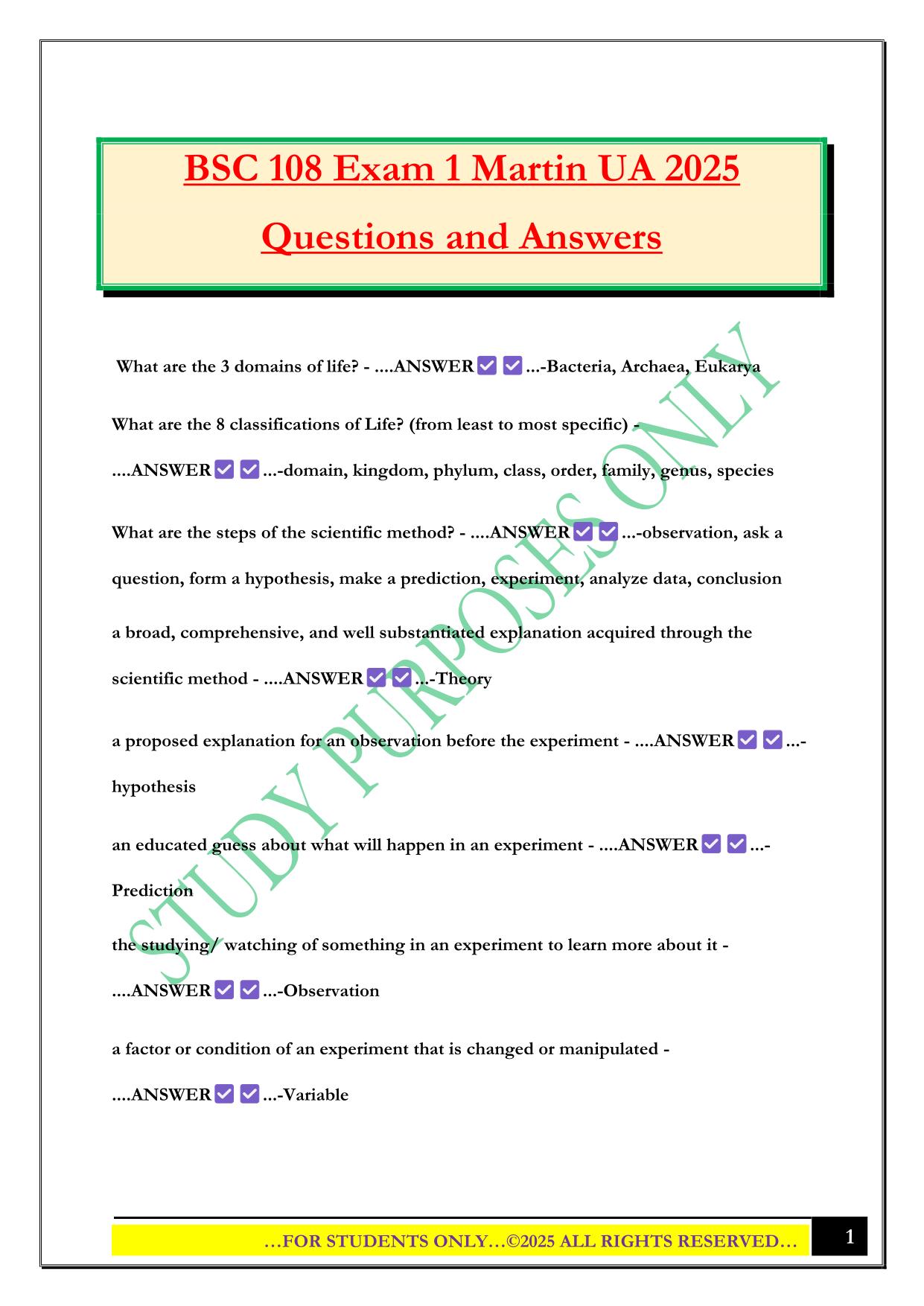 BSC 108 Exam 1 Martin UA 2025 Questions and Answers