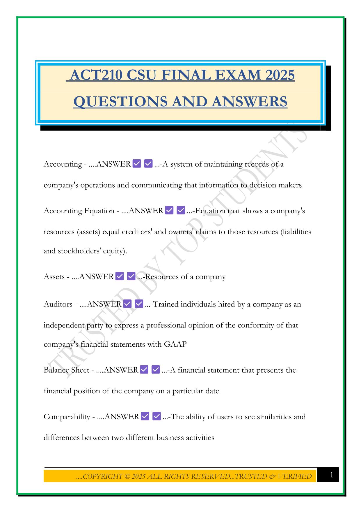 ACT210 CSU FINAL EXAM 2025 QUESTIONS AND ANSWERS