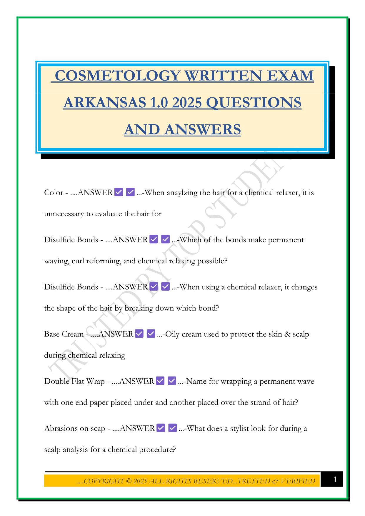 COSMETOLOGY WRITTEN EXAM ARKANSAS 1.0 2025 QUESTIONS AND ANSWERS