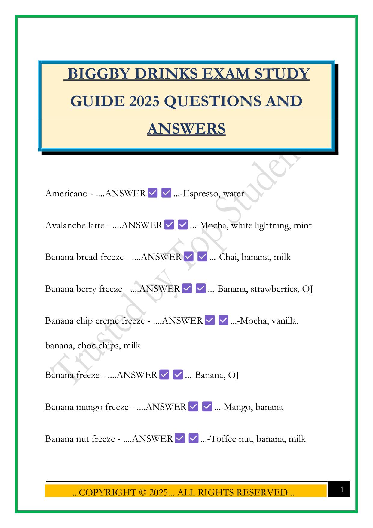 BIGGBY DRINKS EXAM STUDY GUIDE 2025 QUESTIONS AND ANSWERS
