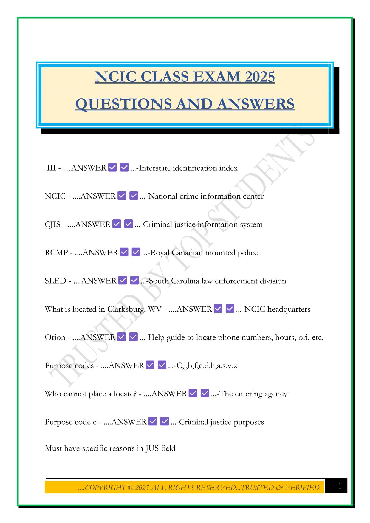NCIC CLASS EXAM 2025 QUESTIONS AND ANSWERS