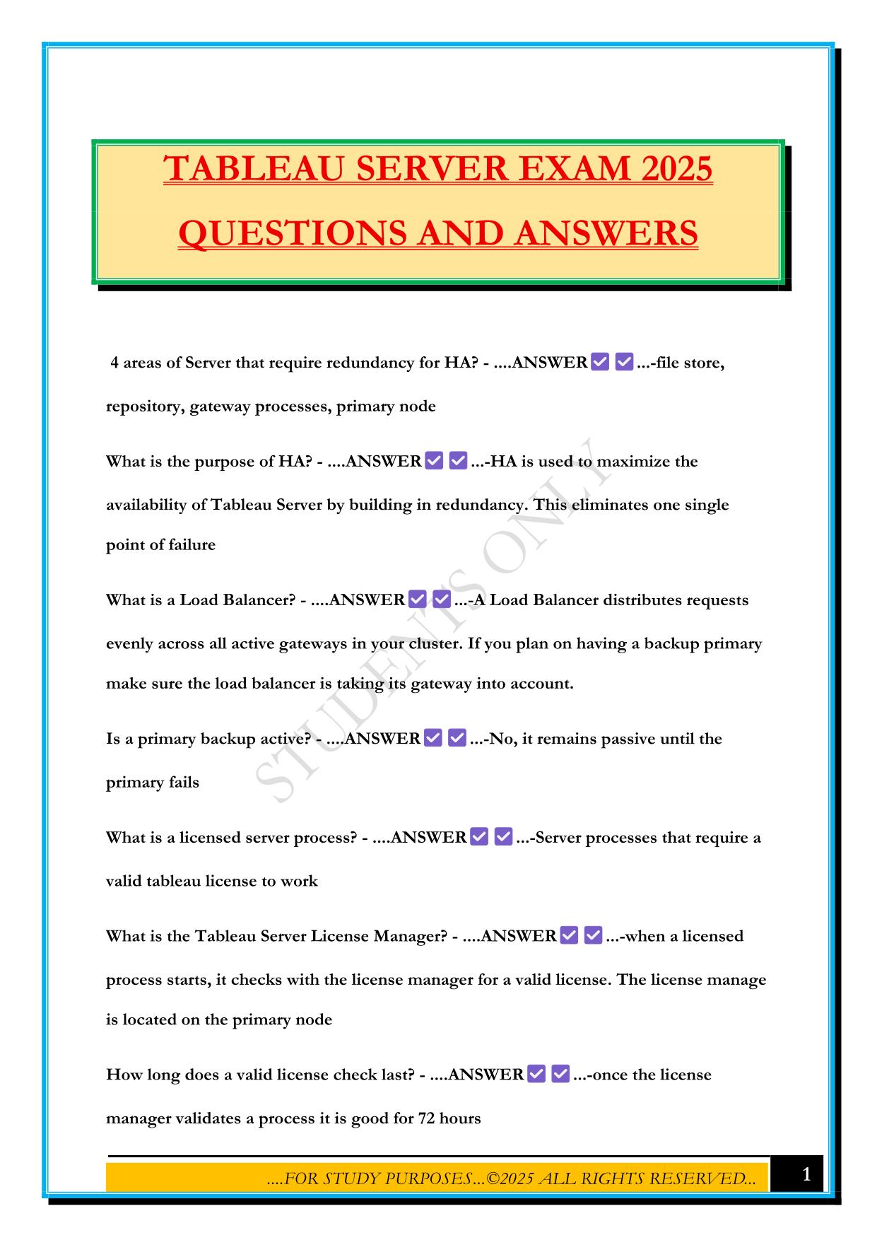 TABLEAU SERVER EXAM 2025 QUESTIONS AND ANSWERS