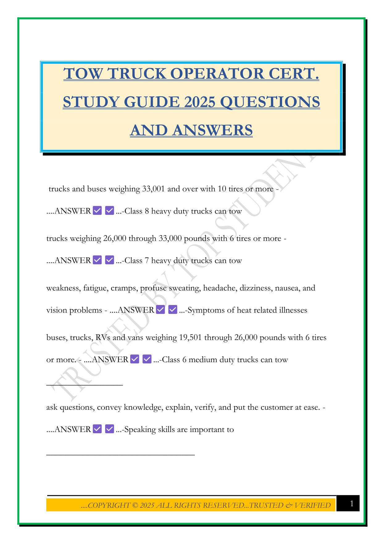 TOW TRUCK OPERATOR CERT. STUDY GUIDE 2025 QUESTIONS AND ANSWERS