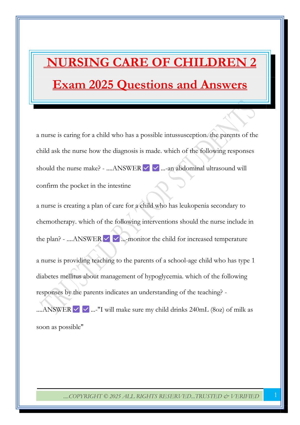 NURSING CARE OF CHILDREN 2 Exam 2025 Questions and Answers