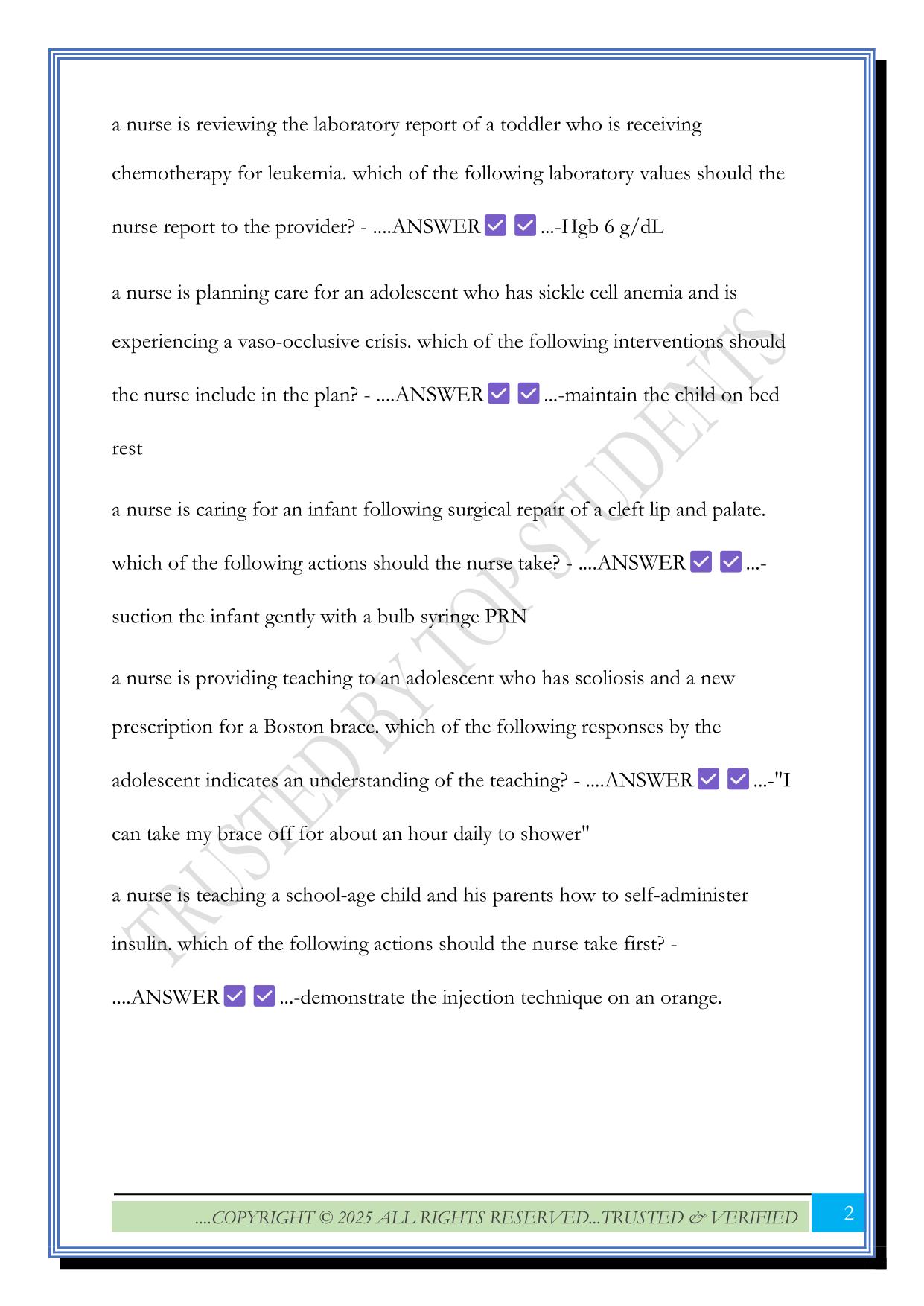 NURSING CARE OF CHILDREN 2 Exam 2025 Questions and Answers