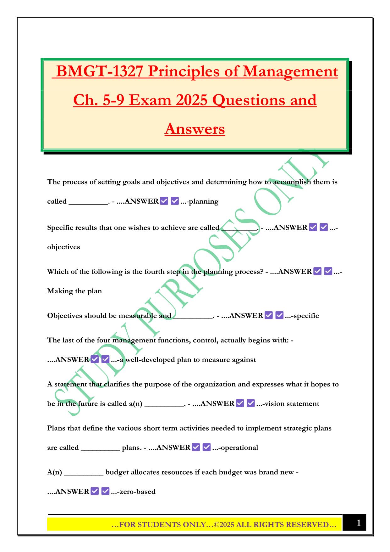 BMGT-1327 Principles of Management Ch. 5-9 Exam 2025 Questions and Answers