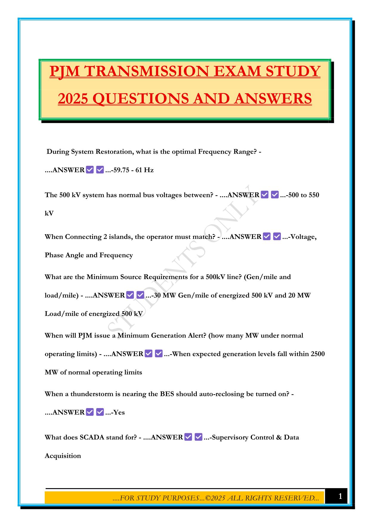 PJM TRANSMISSION EXAM STUDY 2025 QUESTIONS AND ANSWERS
