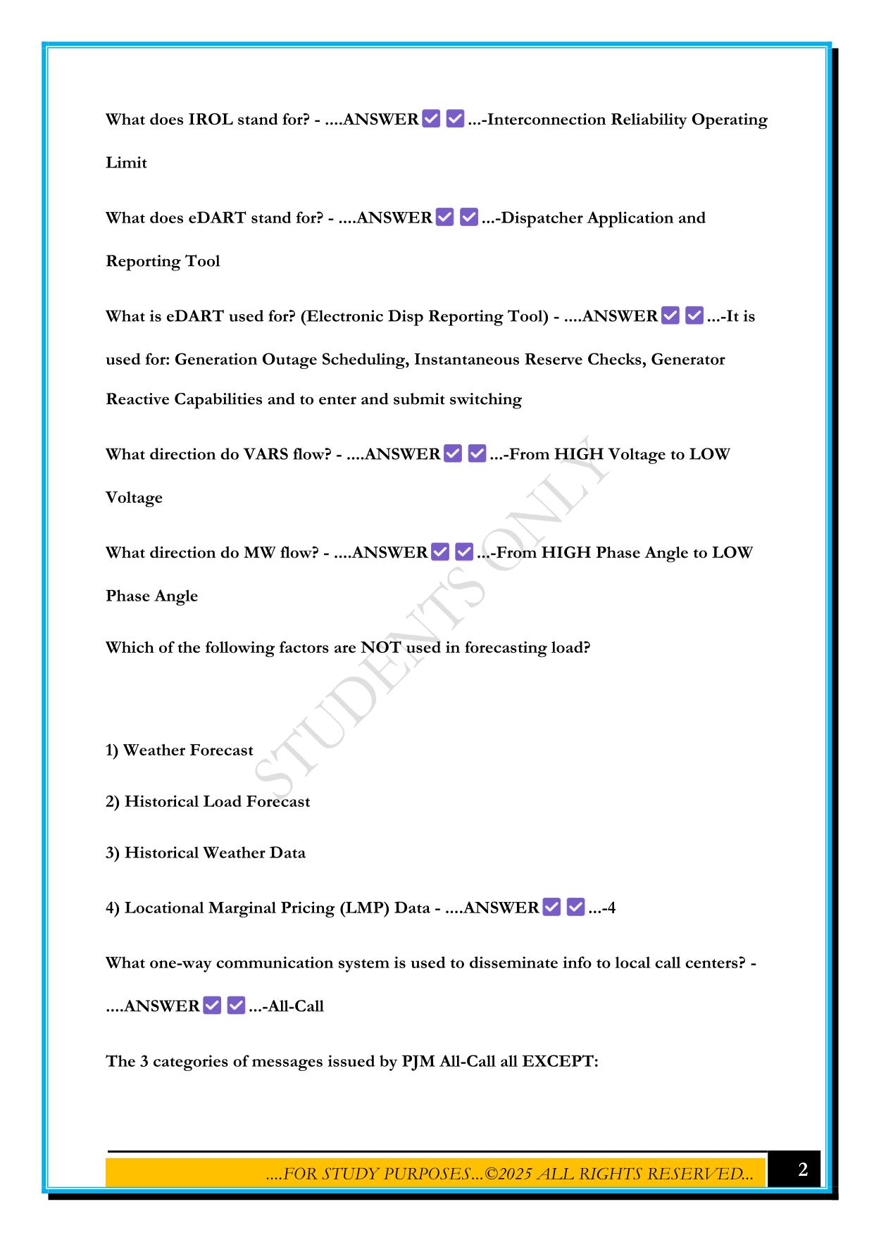 PJM TRANSMISSION EXAM STUDY 2025 QUESTIONS AND ANSWERS