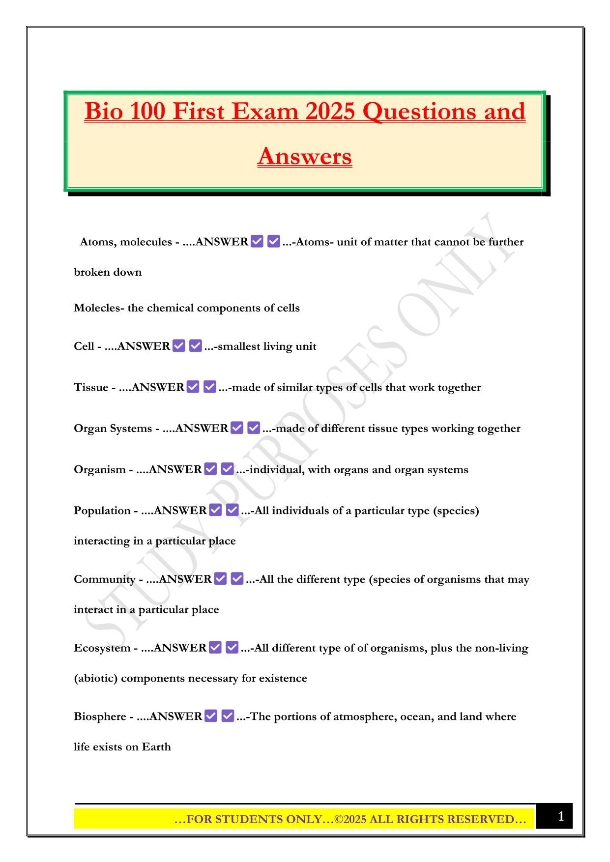 Bio 100 First Exam 2025 Questions and Answers