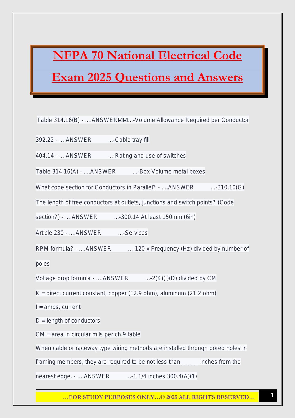NFPA 70 National Electrical Code Exam 2025 Questions and Answers