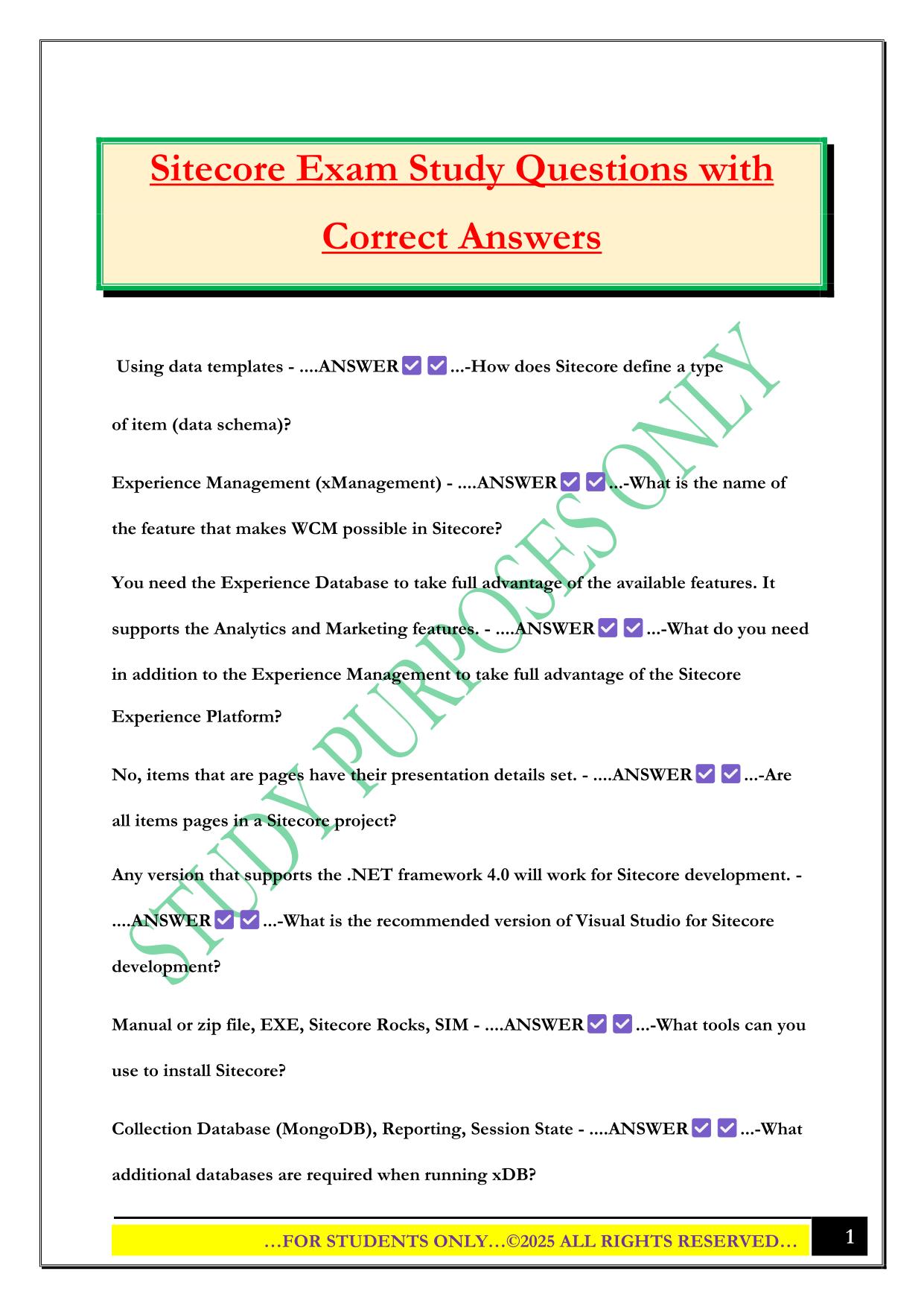 Sitecore Exam Study Questions with Correct Answers
