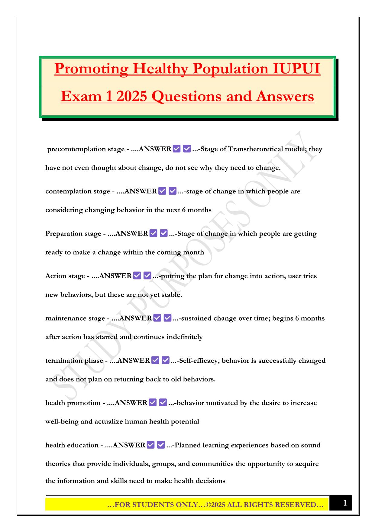 Promoting Healthy Population IUPUI Exam 1 2025 Questions and Answers