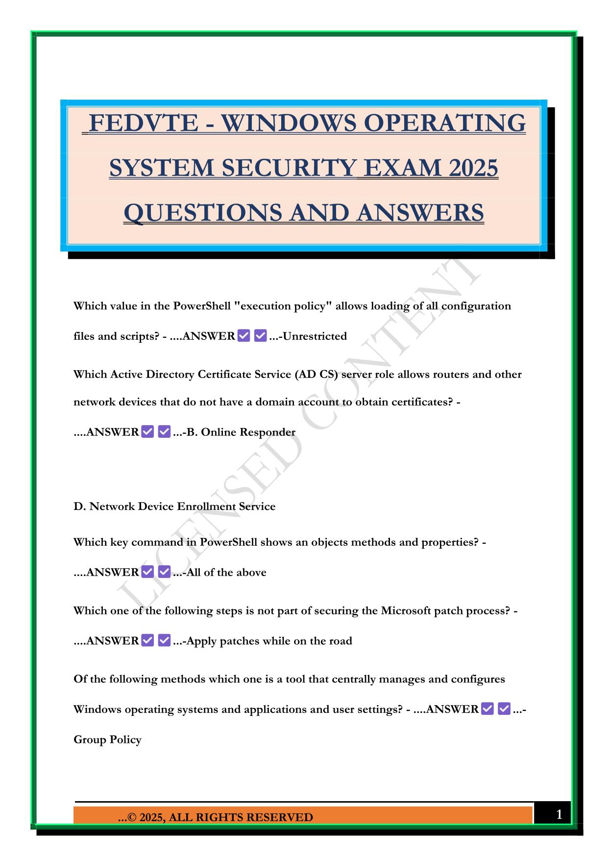 FEDVTE - WINDOWS OPERATING SYSTEM SECURITY EXAM 2025 QUESTIONS AND ANSWERS