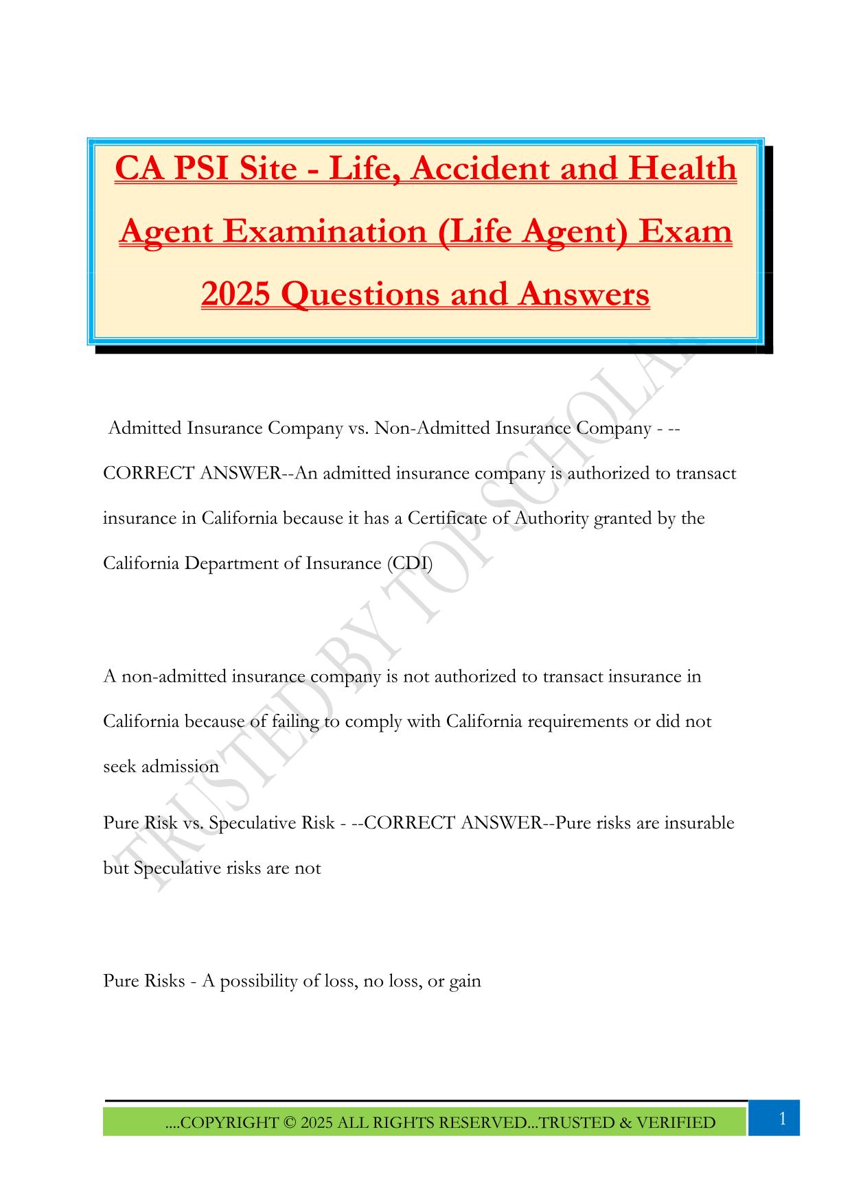 CA PSI Site - Life, Accident and Health Agent Examination (Life Agent) Exam 2025 Questions and Answers