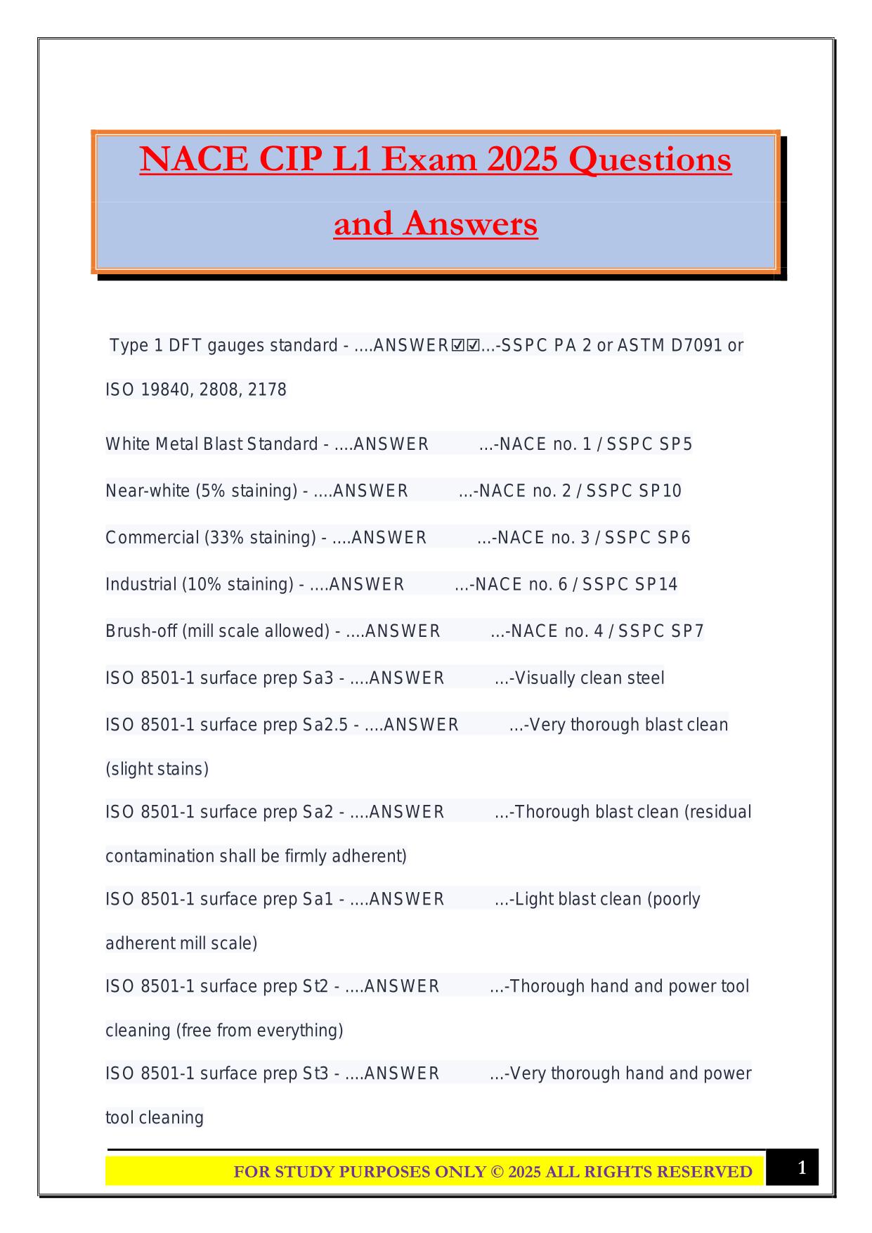NACE CIP L1 Exam 2025 Questions and Answers
