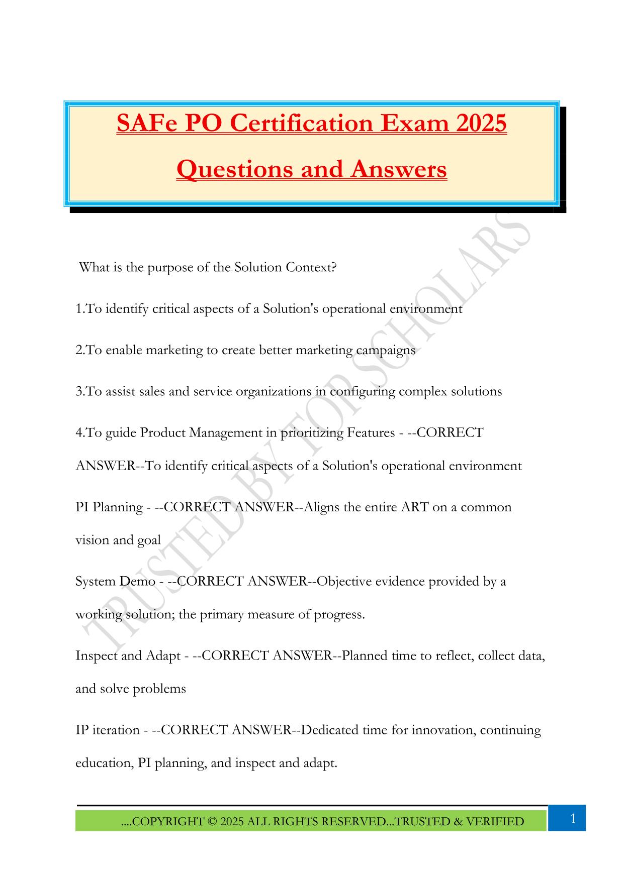 SAFe PO Certification Exam 2025 Questions and Answer
