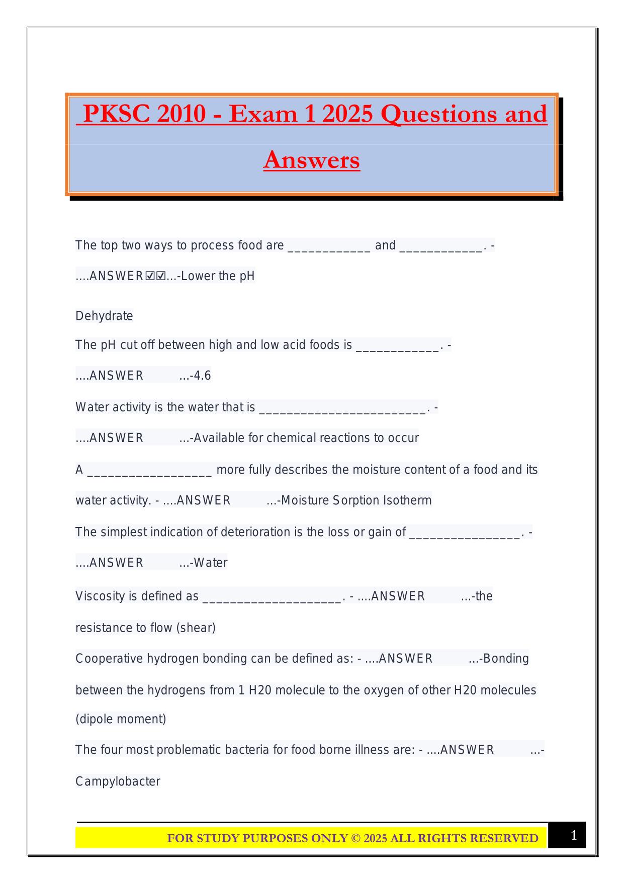 PKSC 2010 - Exam 1 2025 Questions and Answers