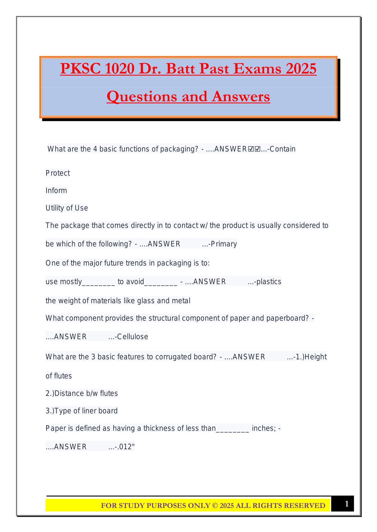 PKSC 1020 Dr. Batt Past Exams 2025 Questions and Answers