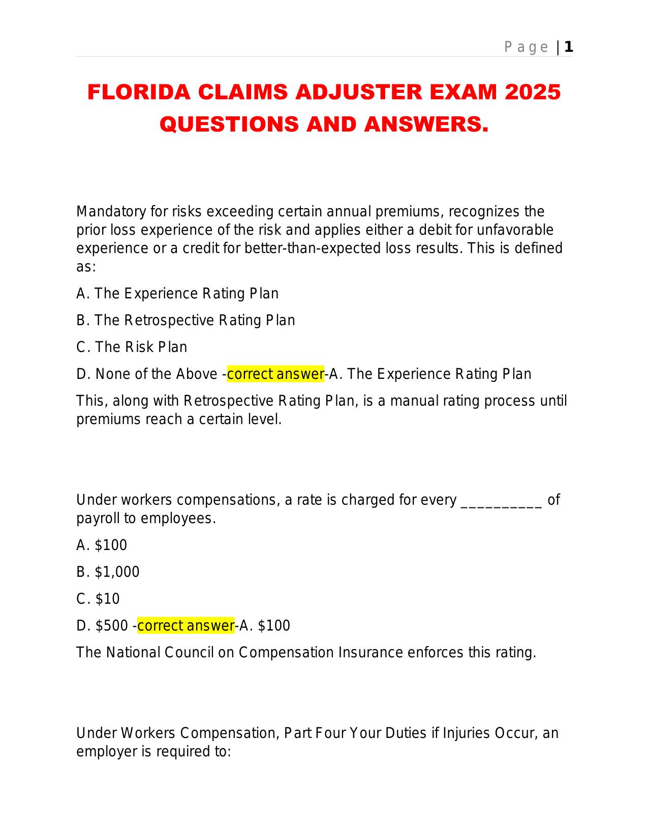 FLORIDA CLAIMS ADJUSTER EXAM 2025 QUESTIONS AND ANSWERS.