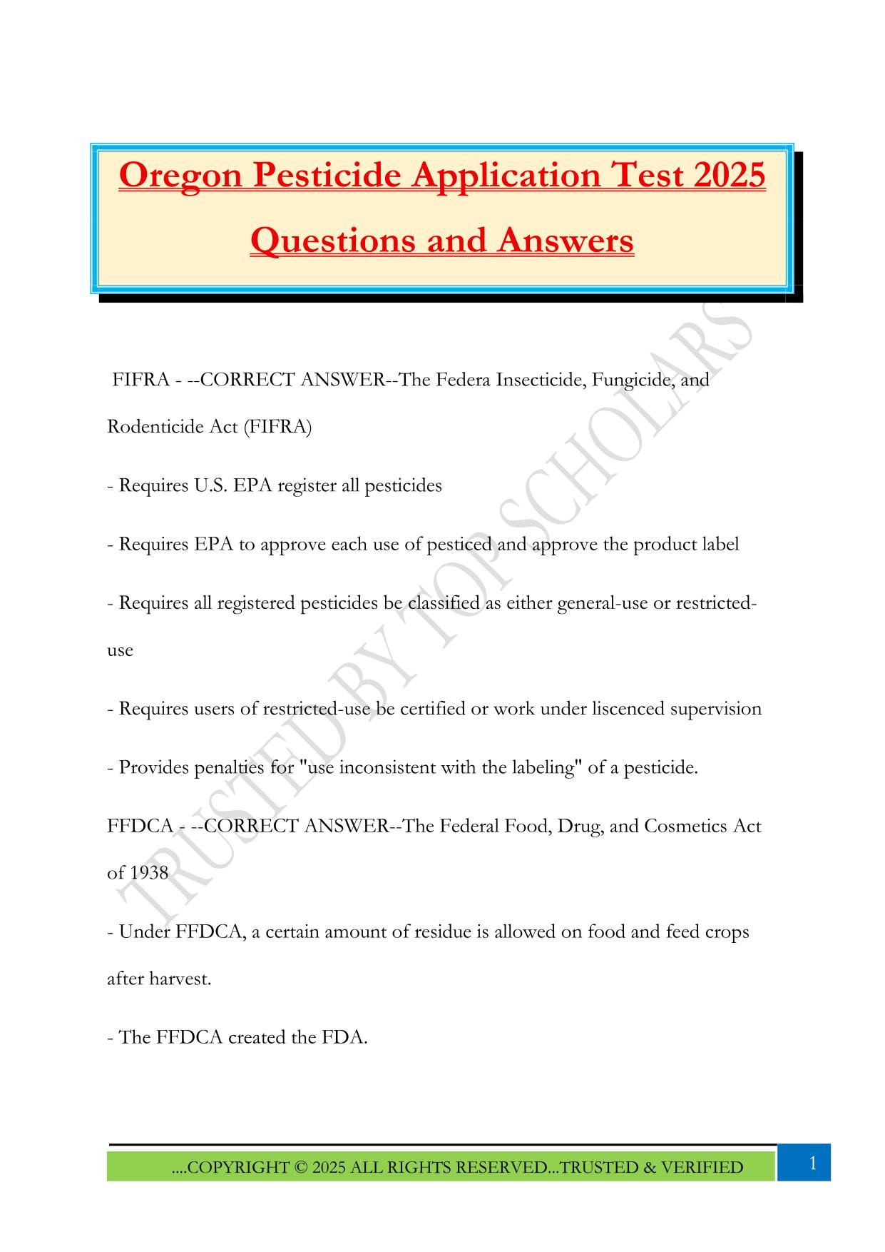 Oregon Pesticide Application Test 2025 Questions and Answers