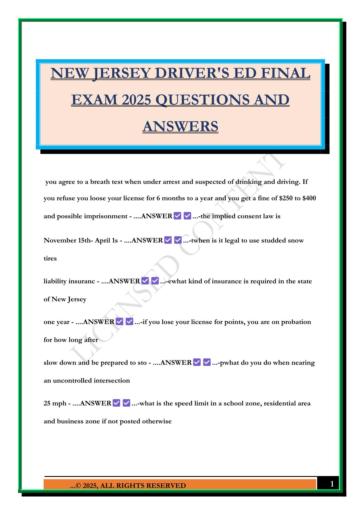 NEW JERSEY DRIVER'S ED FINAL EXAM 2025 QUESTIONS AND ANSWERS