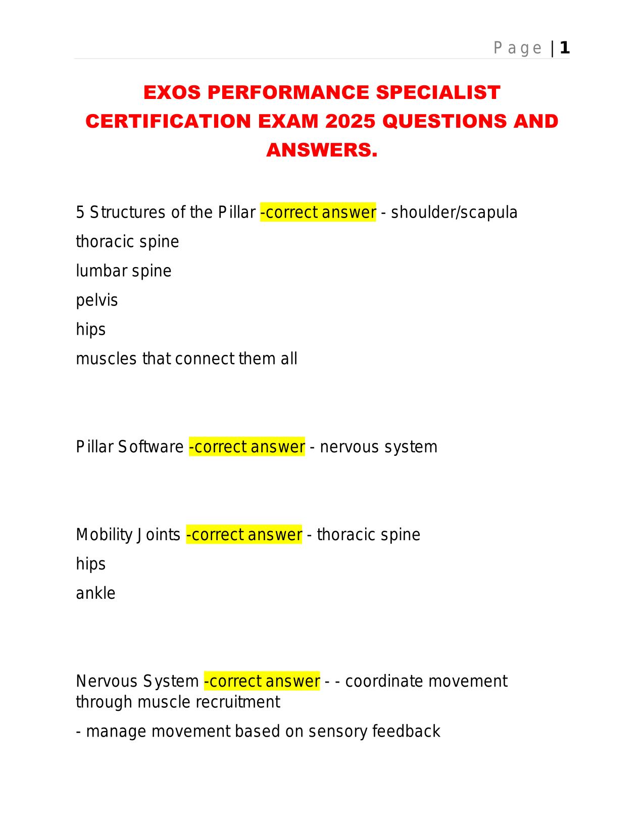 EXOS PERFORMANCE SPECIALIST CERTIFICATION EXAM 2025 QUESTIONS AND ANSWERS.